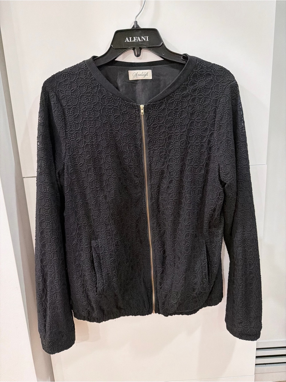 Avaleigh Black Textured Lace Zip Front Bomber Jacket Size M